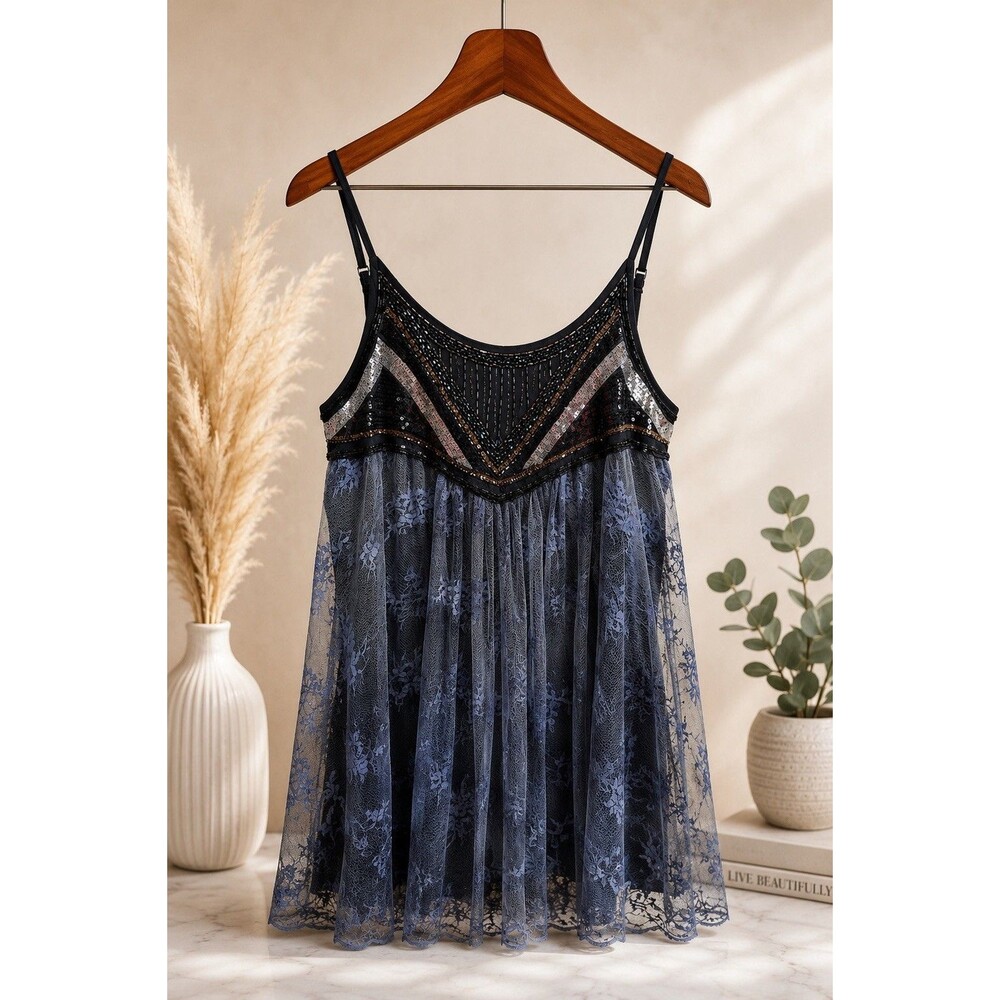 Ecote Black Blue Lace Beaded Babydoll Fairy Grunge Whimsigoth Size S.Made India - Picture 2 of 8